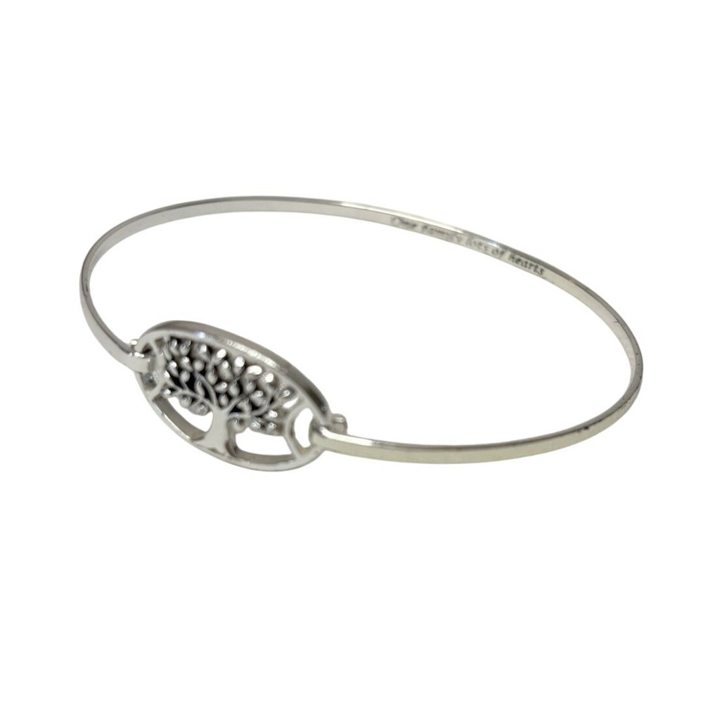 Tree of Life Bangle Bracelet Silver‎ Tone Engraved One Family Lots of Hearts